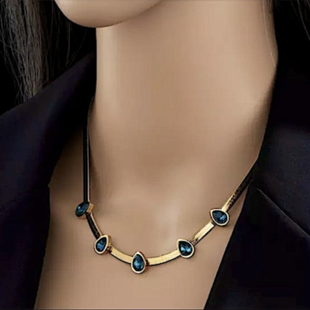 18K GOLD PLATED BLUE SAPPHIRE HERRINGBONE CHAIN NECKLACE